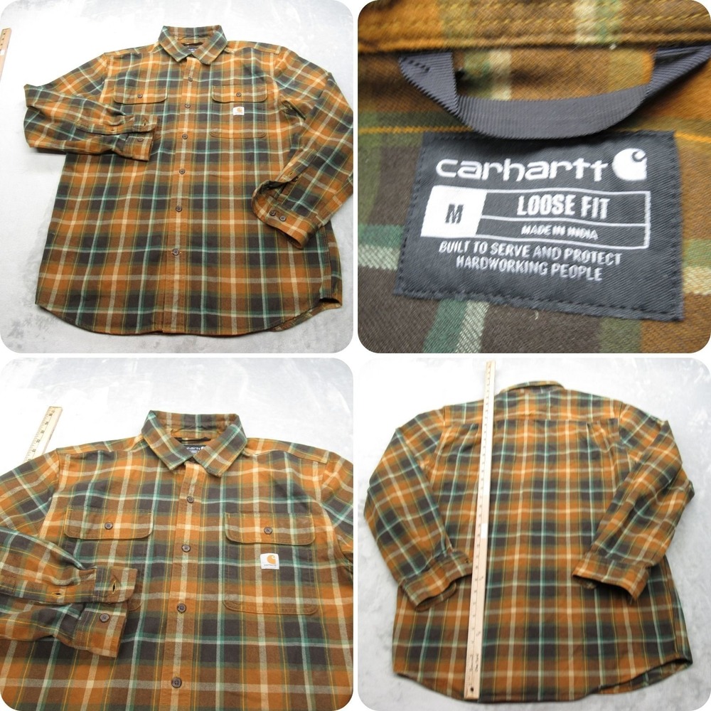 Carhartt Heavyweight Flannel Mens Medium Brown Plaid‎ Loose Fit Button Up Winter